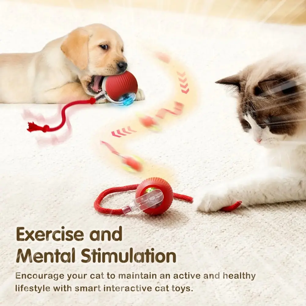 Picture of New Cat Interactive Ball Toy Automatic Rolling Ball Faux Tail Rechargeable Smart Pet Electric Toy Dog Cat Training Imitate Mouse Red