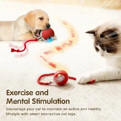 Picture of New Cat Interactive Ball Toy Automatic Rolling Ball Faux Tail Rechargeable Smart Pet Electric Toy Dog Cat Training Imitate Mouse Red
