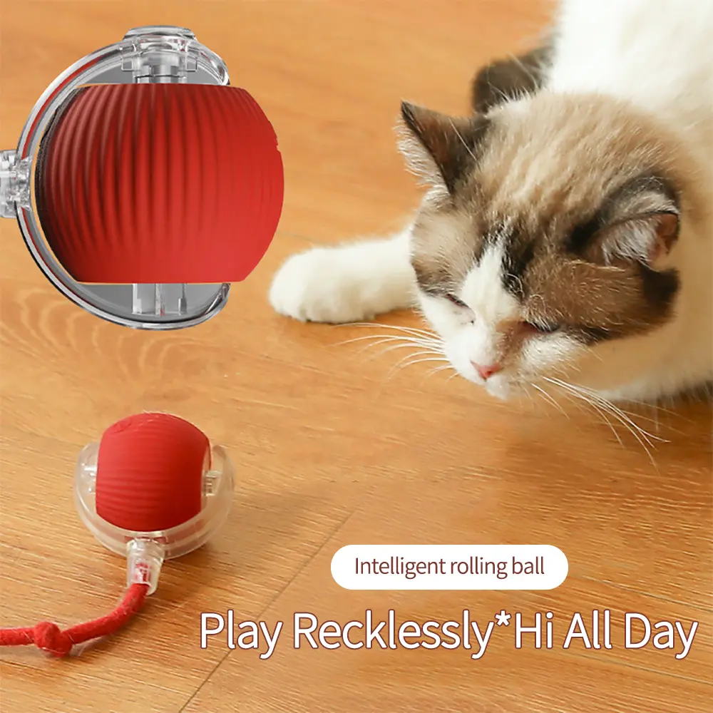Picture of New Cat Interactive Ball Toy Automatic Rolling Ball Faux Tail Rechargeable Smart Pet Electric Toy Dog Cat Training Imitate Mouse Red