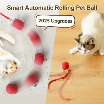 Picture of New Cat Interactive Ball Toy Automatic Rolling Ball Faux Tail Rechargeable Smart Pet Electric Toy Dog Cat Training Imitate Mouse Red