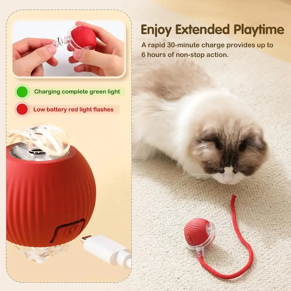 Picture of New Cat Interactive Ball Toy Automatic Rolling Ball Faux Tail Rechargeable Smart Pet Electric Toy Dog Cat Training Imitate Mouse Red