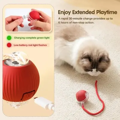 Picture of New Cat Interactive Ball Toy Automatic Rolling Ball Faux Tail Rechargeable Smart Pet Electric Toy Dog Cat Training Imitate Mouse Red