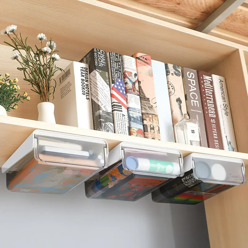 Picture of Invisible Storage Table Shelf Storage Box New Pull Out Storage Box Hanging Under Desk Drawer Large Capacity Undertable Drawer