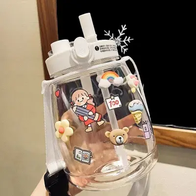Picture of 1300ML Large Capacity Plastic LDual Drinking Cup With Straw And Strap Portable Bottle Outdoor Sports 3D Sticker Water Cup Gift