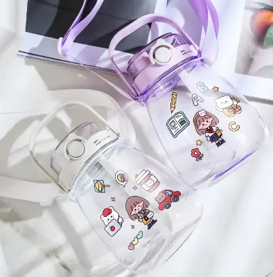 Picture of 1300ML Large Capacity Plastic LDual Drinking Cup With Straw And Strap Portable Bottle Outdoor Sports 3D Sticker Water Cup Gift