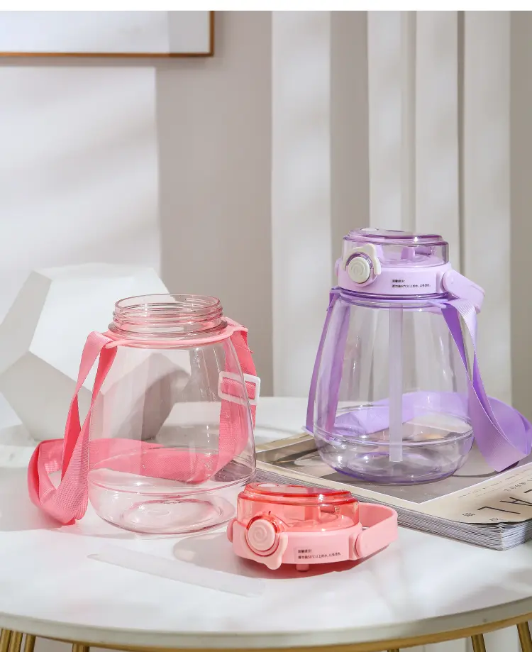 Picture of 1300ML Large Capacity Plastic LDual Drinking Cup With Straw And Strap Portable Bottle Outdoor Sports 3D Sticker Water Cup Gift