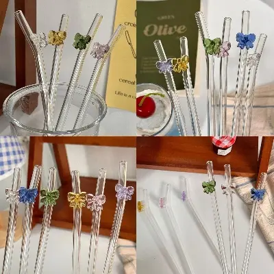 Picture of 1PCS Reusable Drinking Straws 8mm Glass Straw Cute Butterfly Heat-Resistant Straw Multicolor