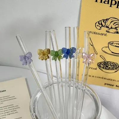 Picture of 1PCS Reusable Drinking Straws 8mm Glass Straw Cute Butterfly Heat-Resistant Straw Multicolor