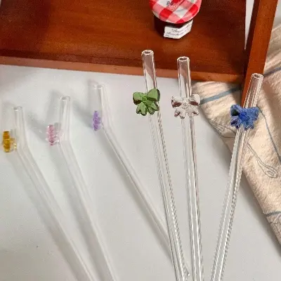 Picture of 1PCS Reusable Drinking Straws 8mm Glass Straw Cute Butterfly Heat-Resistant Straw Multicolor