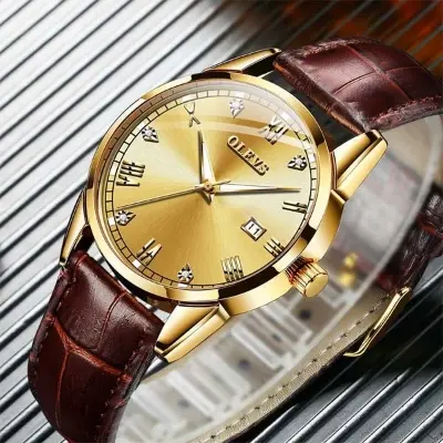 Picture of Olevs 5661 Quartz Fasionable Leather Watch For Men Top Luxury - Gold