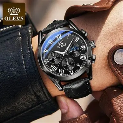 Picture of OLEVS Watch Men Quartz Relo Waterproof Genuine Leather Business Luminous - Black