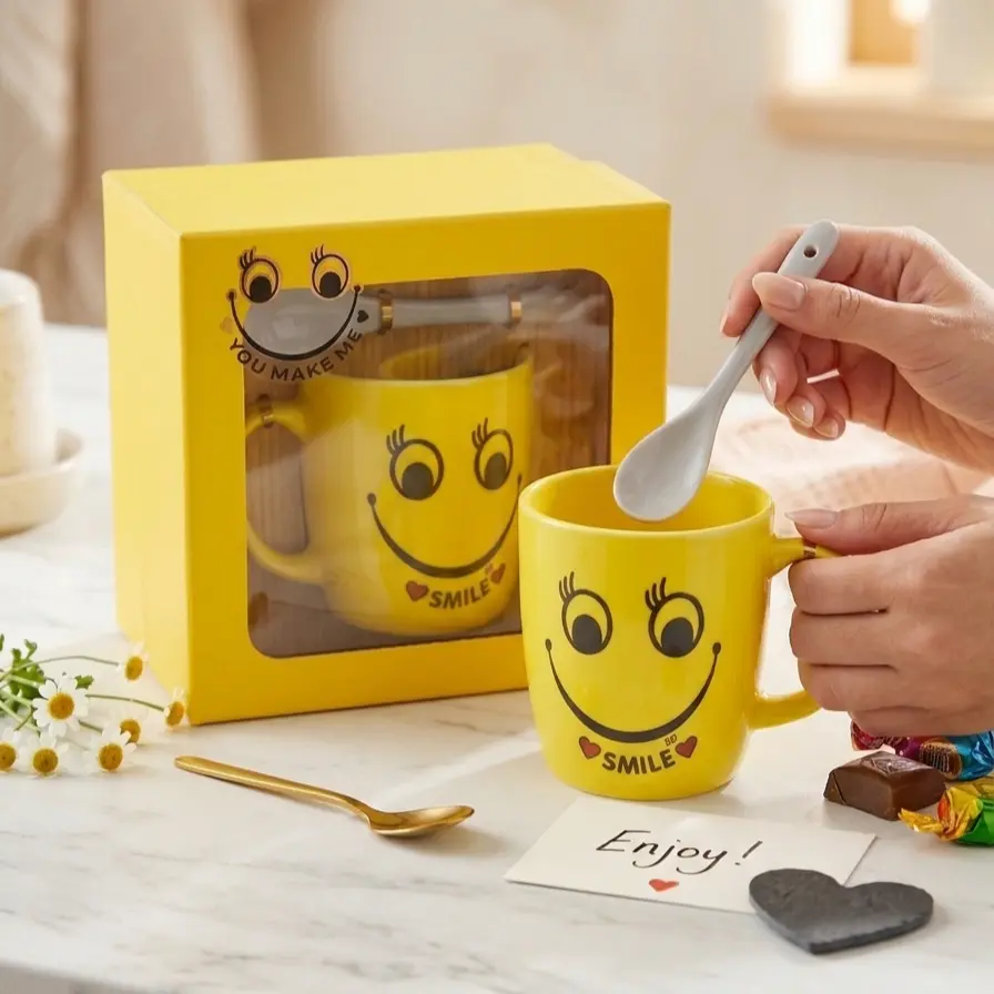 Picture of Cute Yellow Smiley Face Ceramic Mug Gift Set with Spoon and Premium Packaging Box