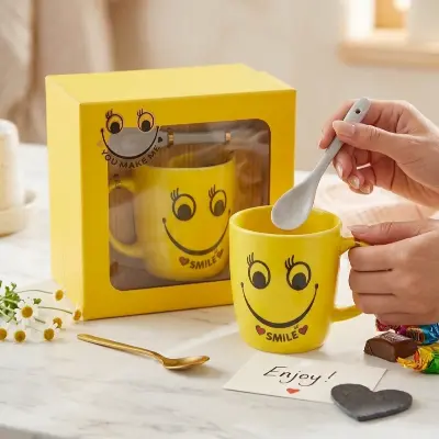 Picture of Cute Yellow Smiley Face Ceramic Mug Gift Set with Spoon and Premium Packaging Box