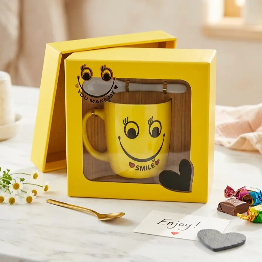 Picture of Cute Yellow Smiley Face Ceramic Mug Gift Set with Spoon and Premium Packaging Box