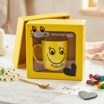 Picture of Cute Yellow Smiley Face Ceramic Mug Gift Set with Spoon and Premium Packaging Box