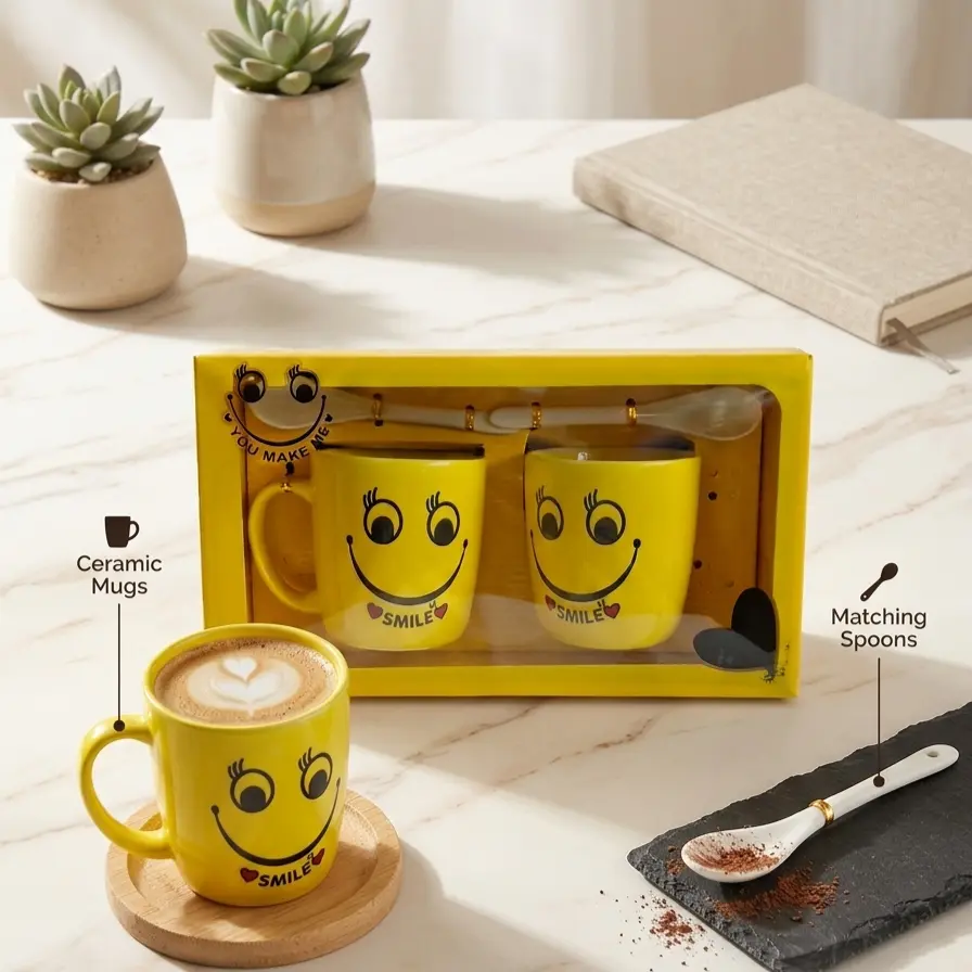 Picture of Cute Yellow Smiley Emoji Ceramic Mug Set with Spoons (Pack of 2) – Premium Gift Box