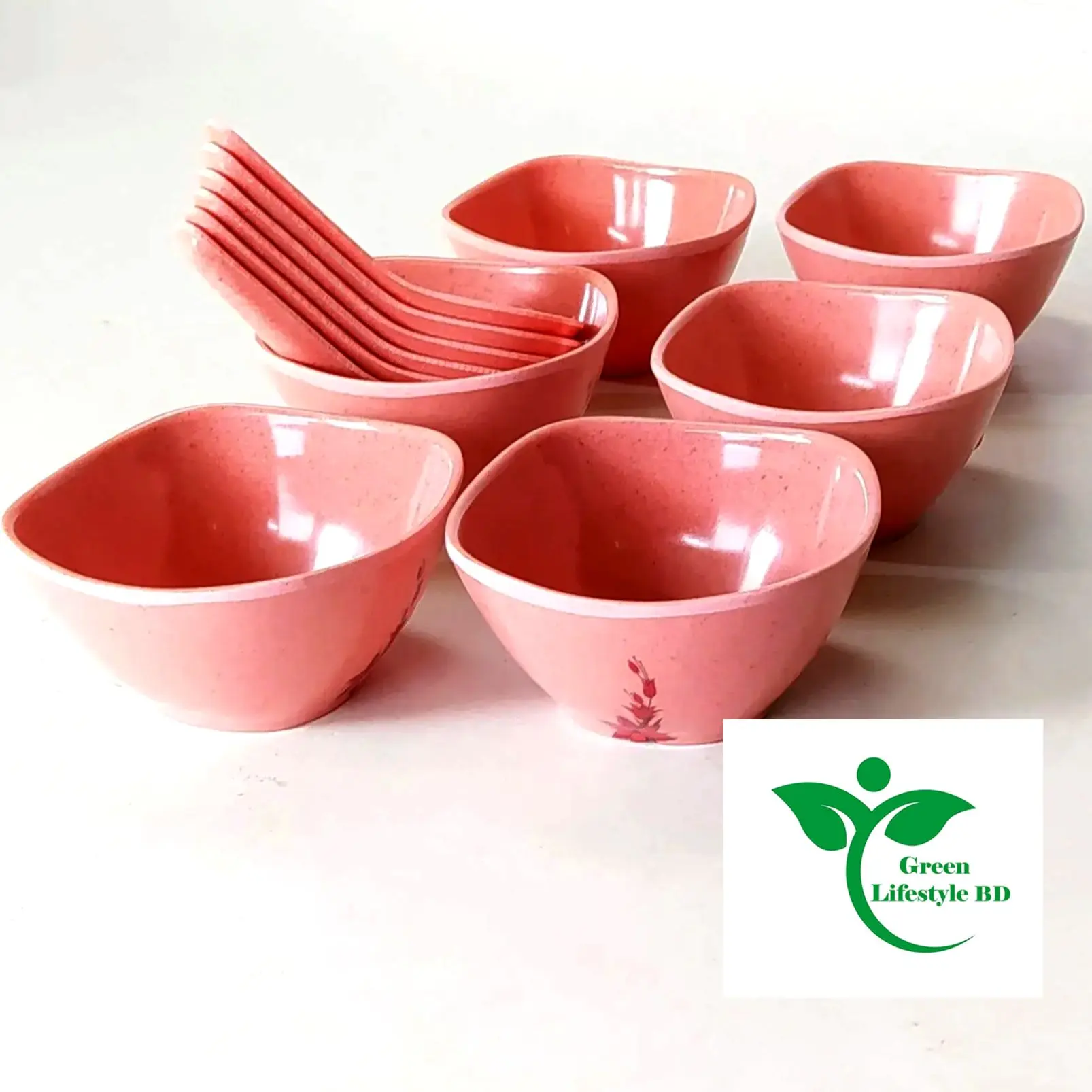 Picture of 6 Piece Square Soup Bowl With Spoon - Pink Color - Perfect For Serving Soups And Desserts - Pink
