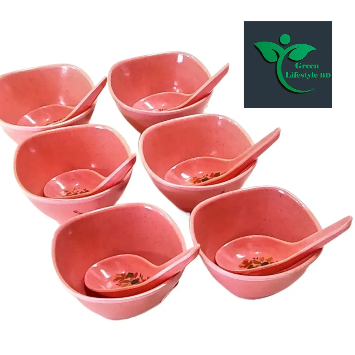 Picture of 6 Piece Square Soup Bowl With Spoon - Pink Color - Perfect For Serving Soups And Desserts - Pink