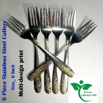 Picture of 6 pieces (6-inch) Stainless Steel fork Spoon Set - Multi Design print. - Silver
