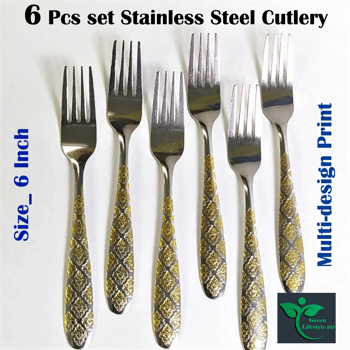 Picture of 6 pieces (6-inch) Stainless Steel fork Spoon Set - Multi Design print. - Silver
