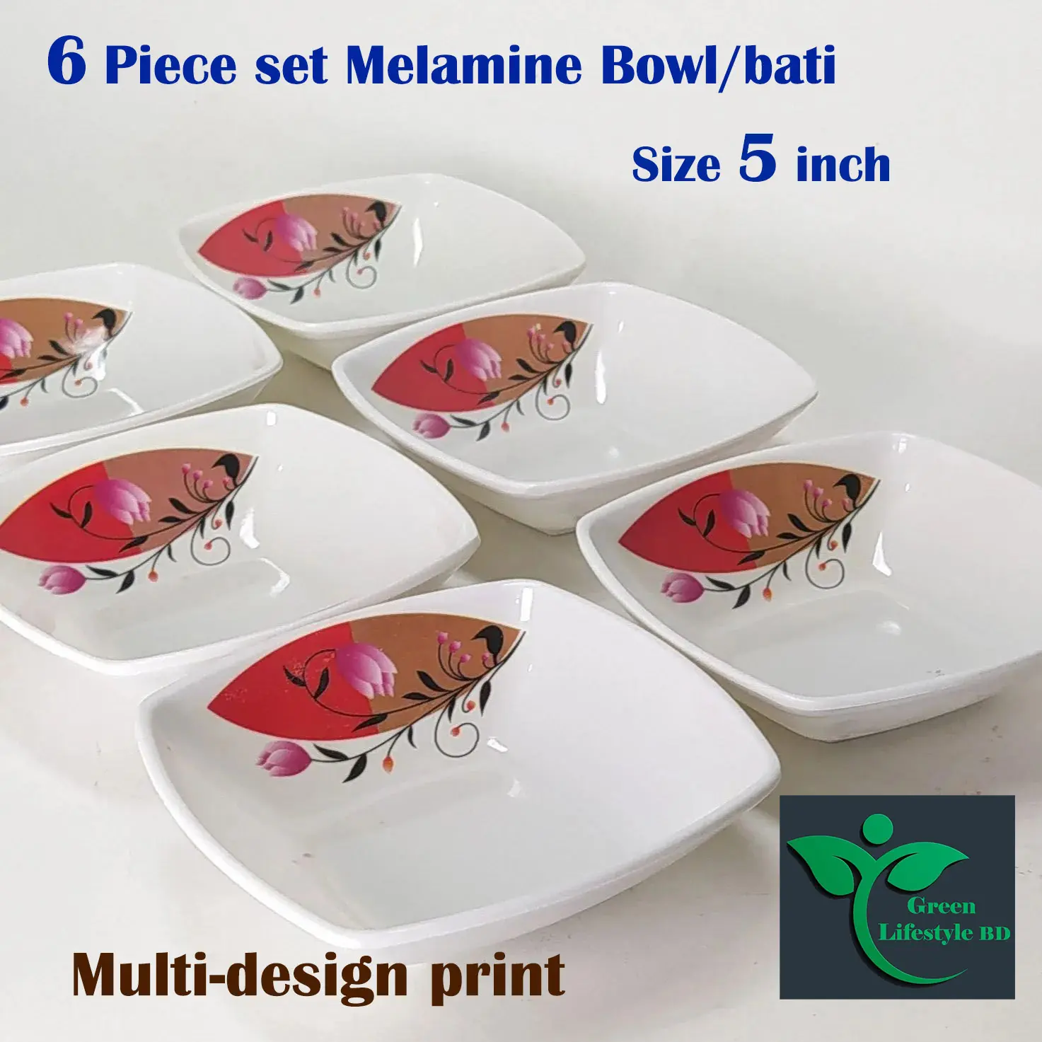 Picture of Melamine 6 Piece Bowl/bati 5 inch square melamine bowl Multi design print. - White