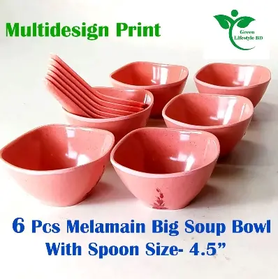 Picture of Big Square Soup Bowl 6 Pcs with 6 Pcs Spoon  (4.5) Inch Pink Color for home and office - Pink