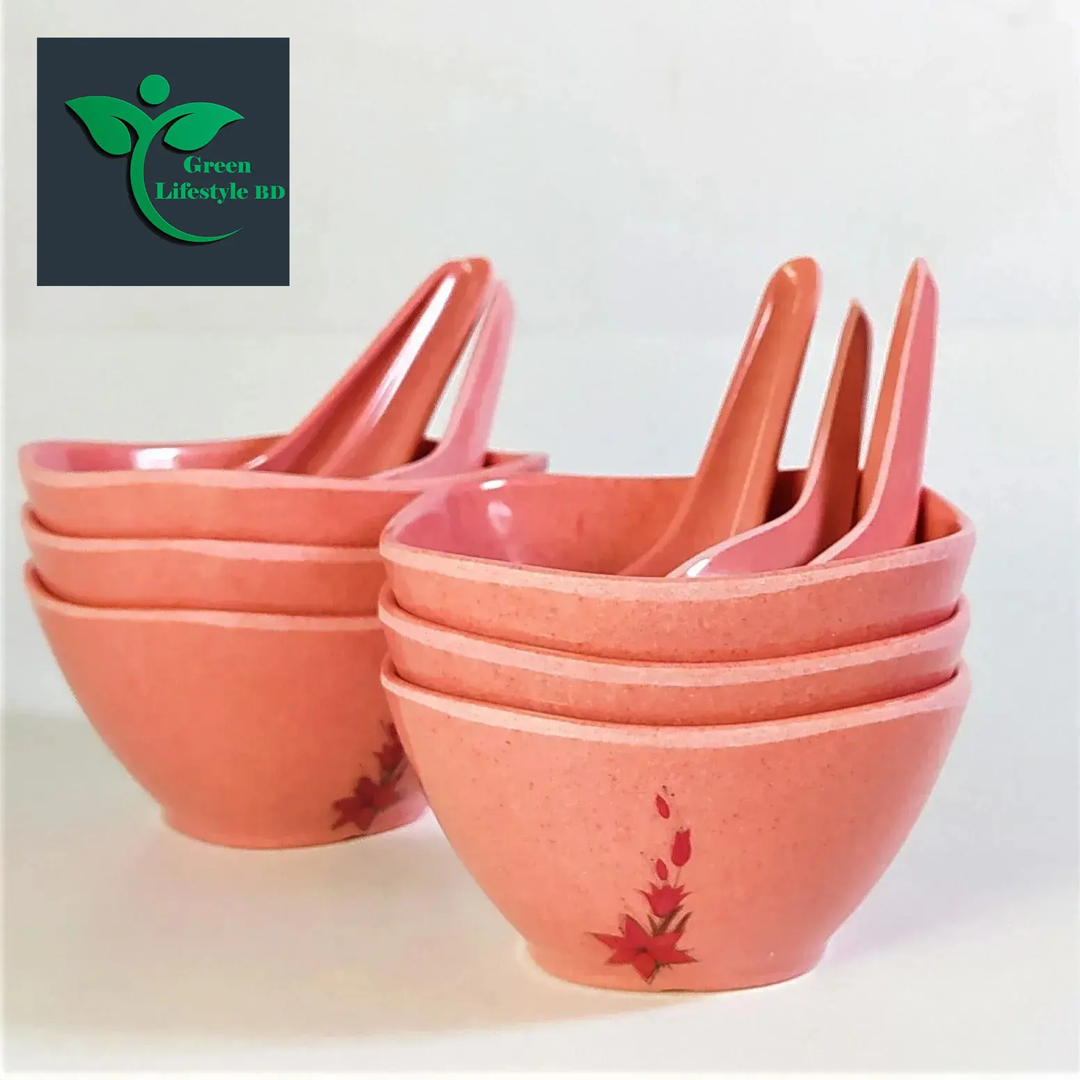 Picture of Big Square Soup Bowl 6 Pcs with 6 Pcs Spoon  (4.5) Inch Pink Color for home and office - Pink