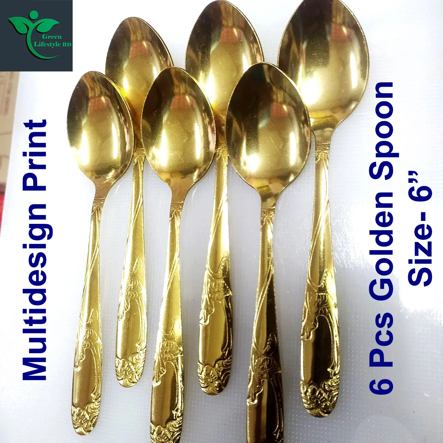 Picture of luxury gold color 6pcs set (6inch) tablespoon stainless steel spoon. - Gold