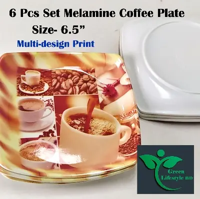 Picture of Melamine Half Plate 6 Pcs Set( Medium Size 6.5 Inch ) Multi Design Print for Snacks & Breakfast. - Coffee