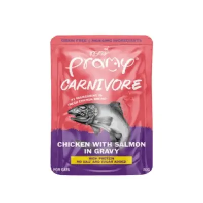 Picture of Pramy Carnivore Pouch Cat Food Chicken with Salmon in Gravy for All Cats 70gm