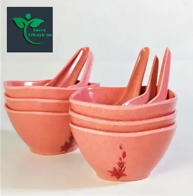 Picture of Big Square Soup Bowl 6 Pcs with 6 Pcs Spoon  (4.5) Inch Pink Color. - Pink