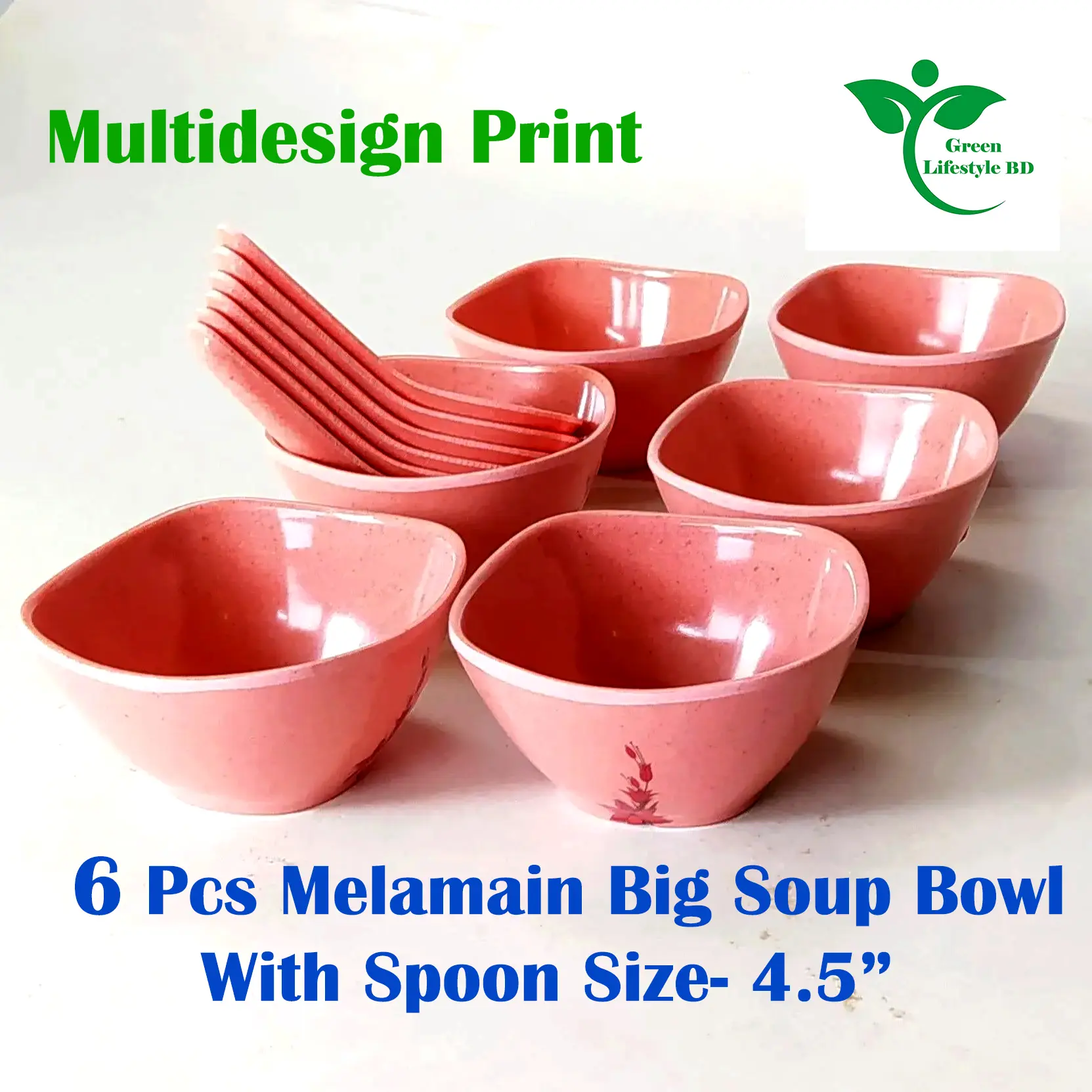 Picture of Big Square Soup Bowl 6 Pcs with 6 Pcs Spoon  (4.5) Inch Pink Color. - Pink