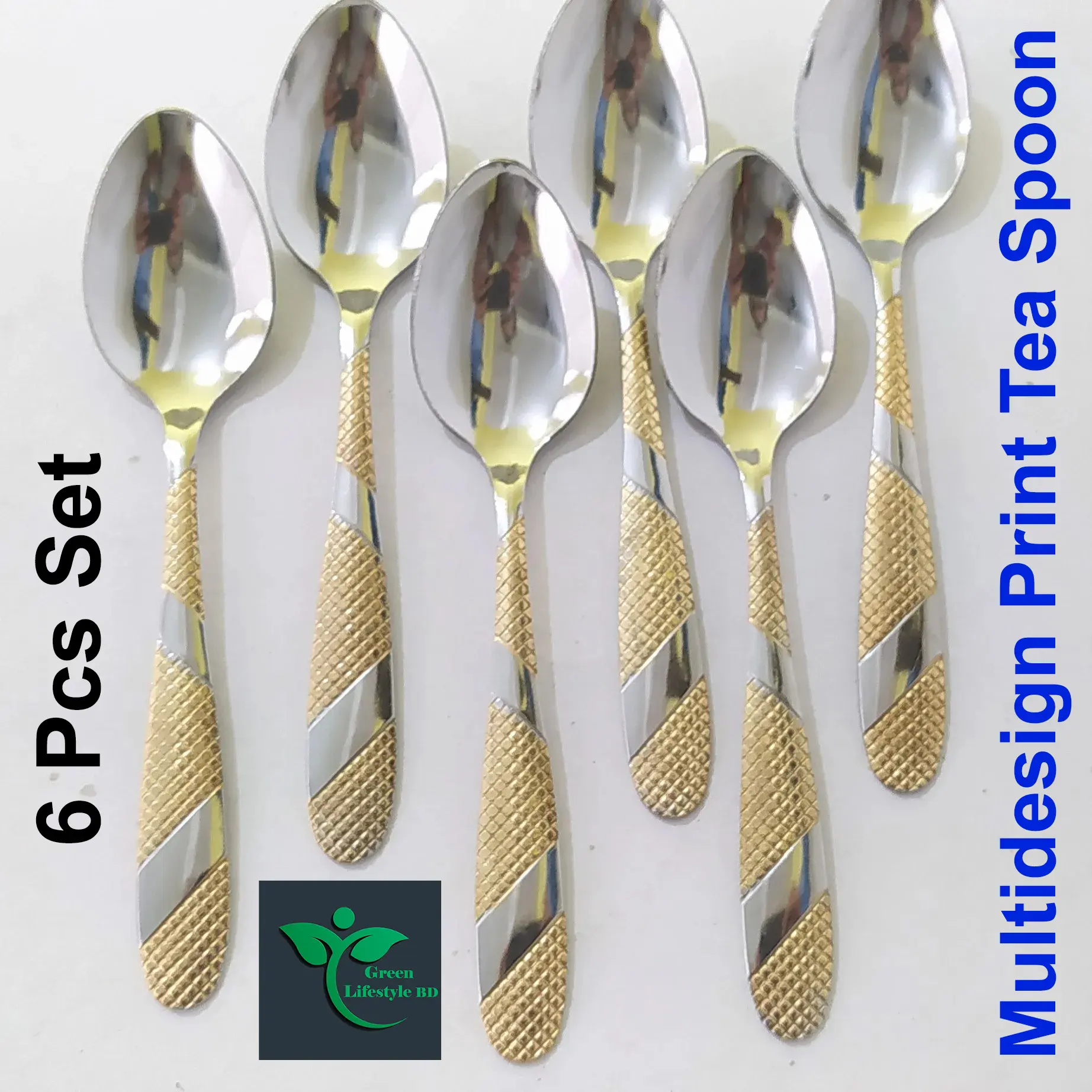Picture of 6 Pieces 6inch Stainless Steel Spoon Set ( Multi Design Print ) For use home and kitchen. - Silver