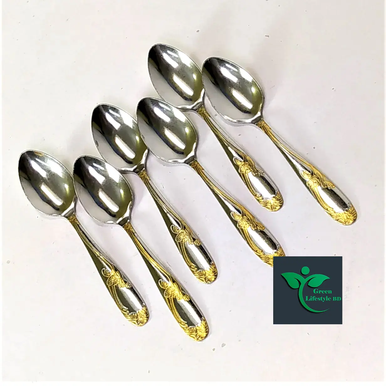 Picture of 6 Pieces 6inch Stainless Steel Spoon Set ( Multi Design Print ) For use home and kitchen. - Silver