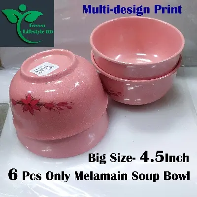 Picture of Big Size Melamine Soup Bowl 6 pcs 4.5" Round Pink Color Multi Design Print - Pink