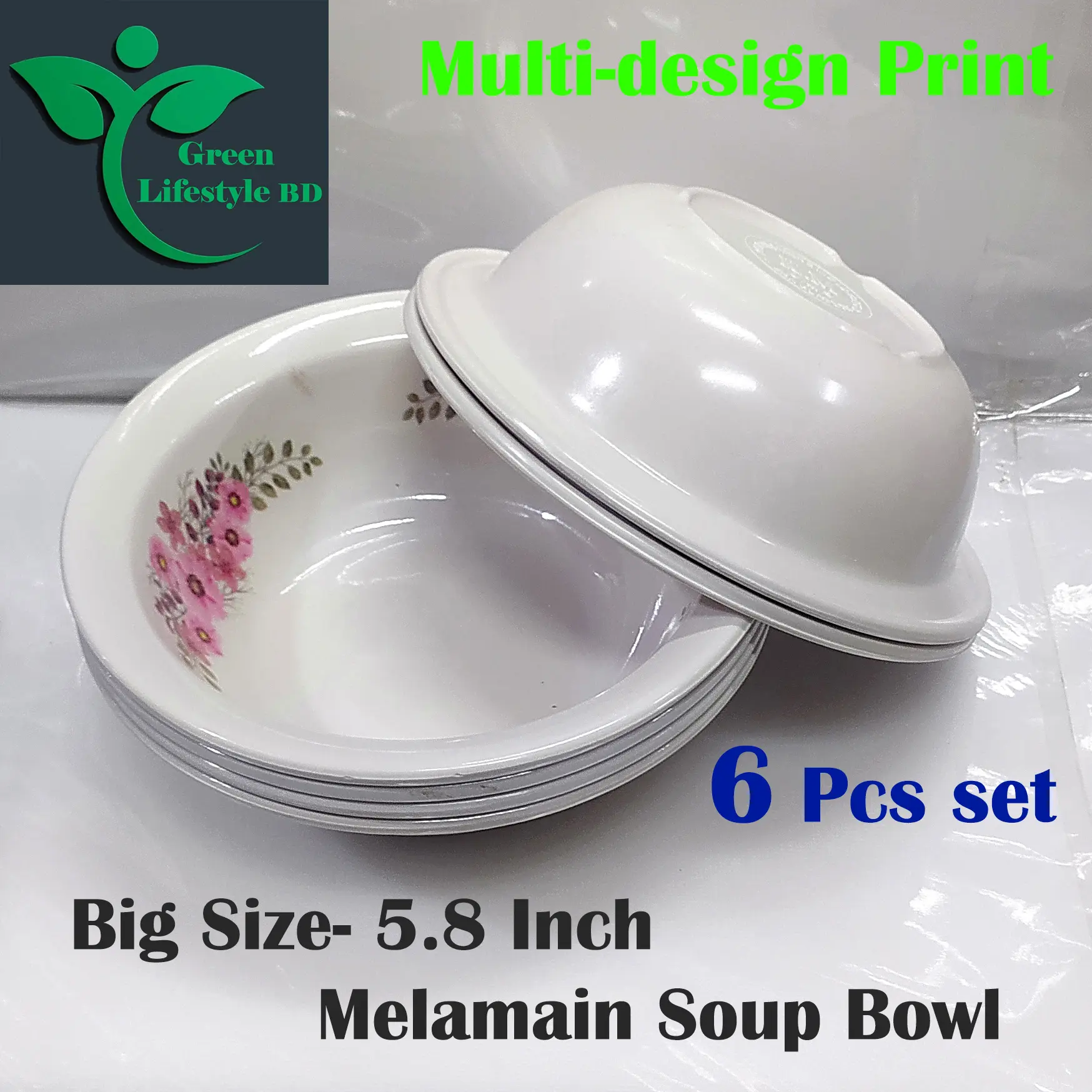 Picture of Melamine Soup Bowl/Bati 6 Pcs Set 5.8" Round Multi Design Print (Hard Melamine) - White