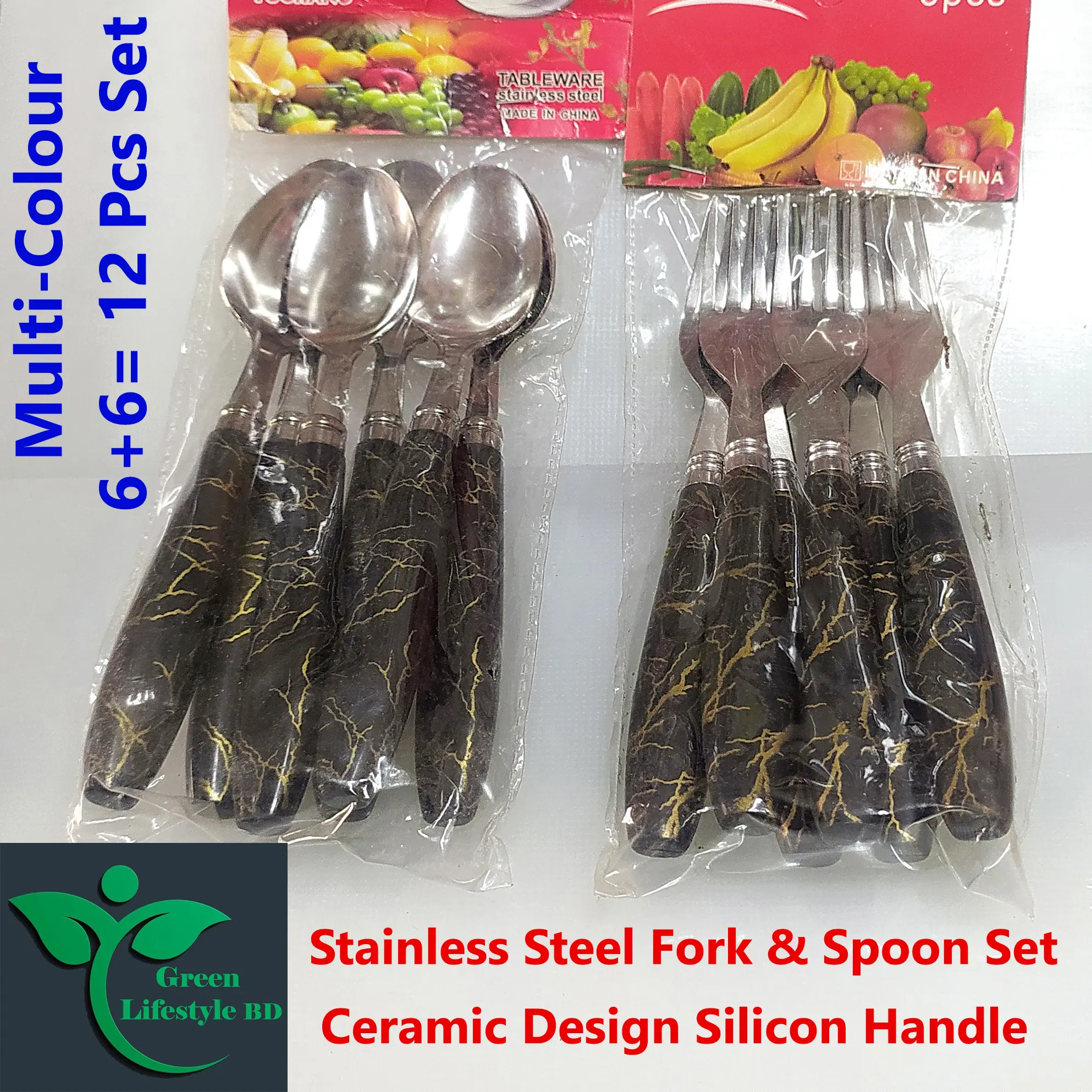 Picture of HIGH-QUALITY 12-piece Stainless Steel Fork & Spoon Set With Ceramic Design Silicon Handle  Stainless Steel Spoon Set 12-pieces (Tea Spoon 6-pieces & Fork Spoon 6-pieces) - Multicolor