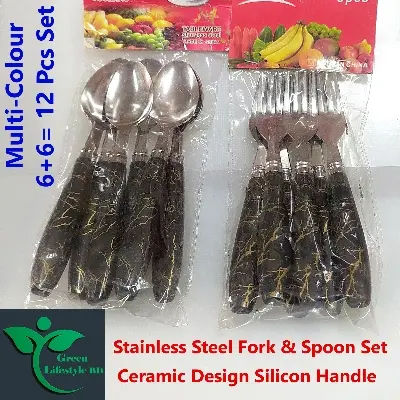 Picture of HIGH-QUALITY 12-piece Stainless Steel Fork & Spoon Set With Ceramic Design Silicon Handle  Stainless Steel Spoon Set 12-pieces (Tea Spoon 6-pieces & Fork Spoon 6-pieces) - Multicolor