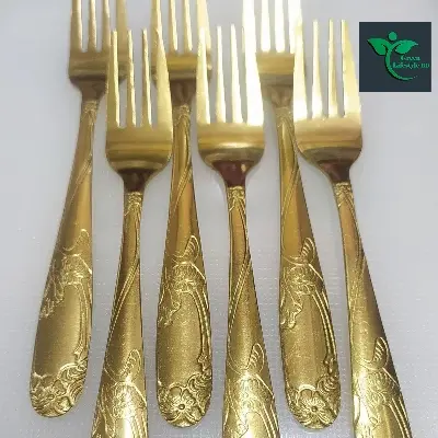 Picture of 12-Pcs Set Golden Color Tea Spoon Set Stainless Steel (Tea Spoon 6-Pcs & Fork Spoon 6-Pcs) -Chopsticks - Gold