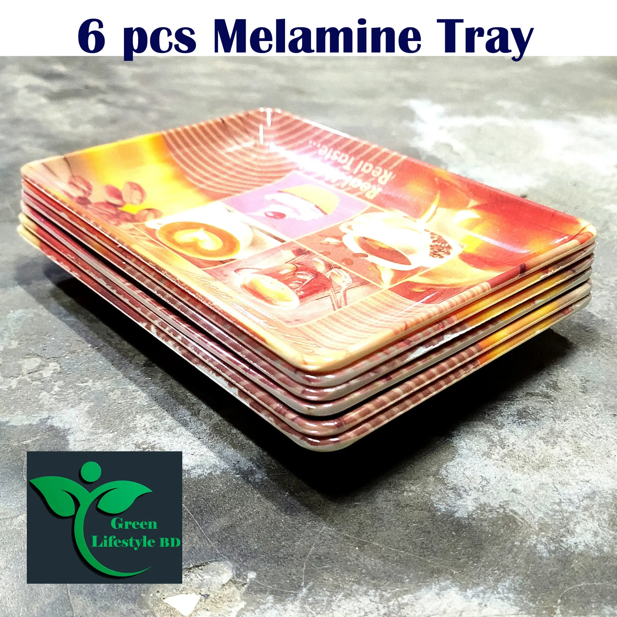Picture of Good-quality Melamine Tray 6 pcs set Medium size length 7.5 wide 5.5 inches for kitchen and dining multi-design print. - Multicolor