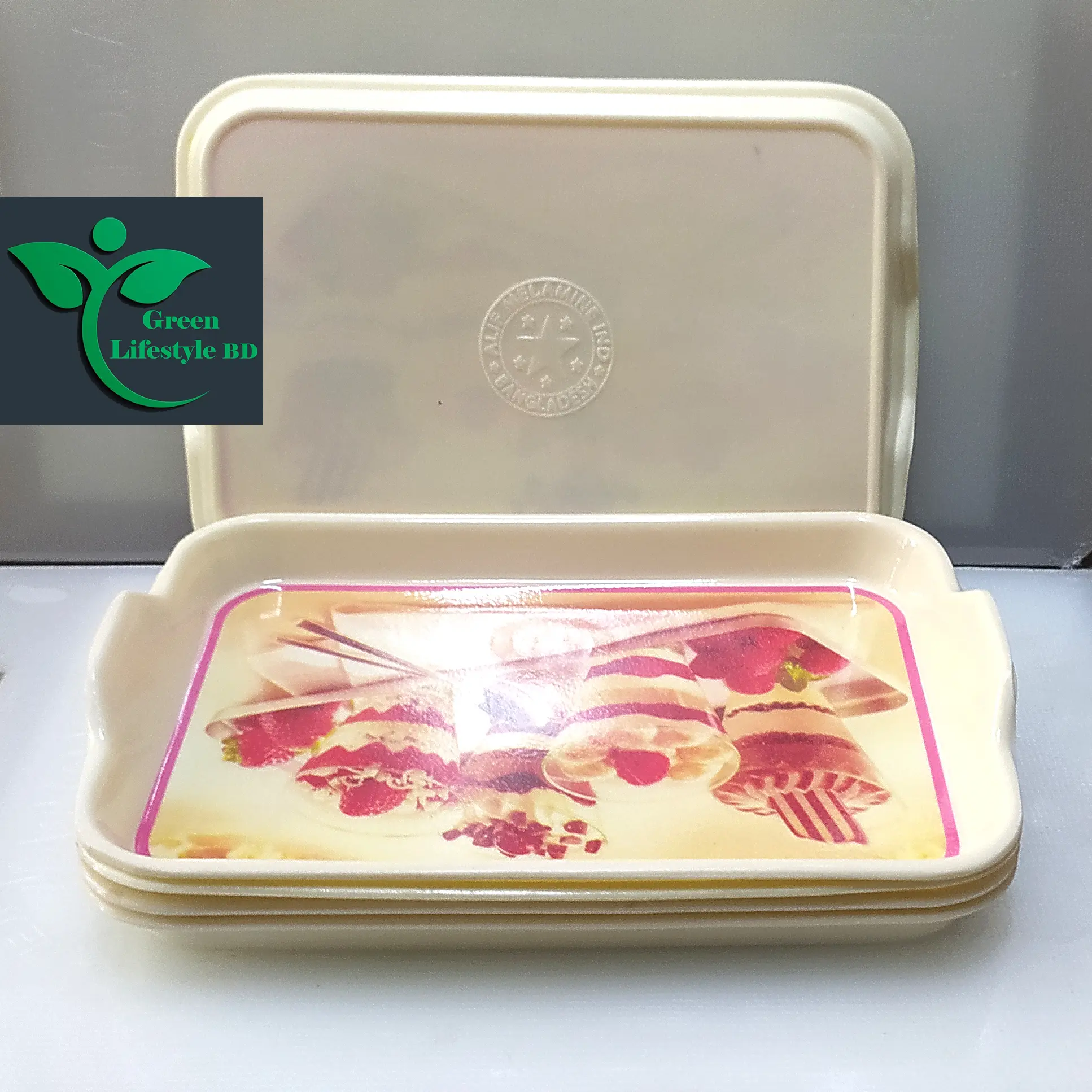 Picture of Melamine Tray 6 pcs set medium size length 7.5 wide 5 inches for kitchen and dining multi-design print. - Multicolor