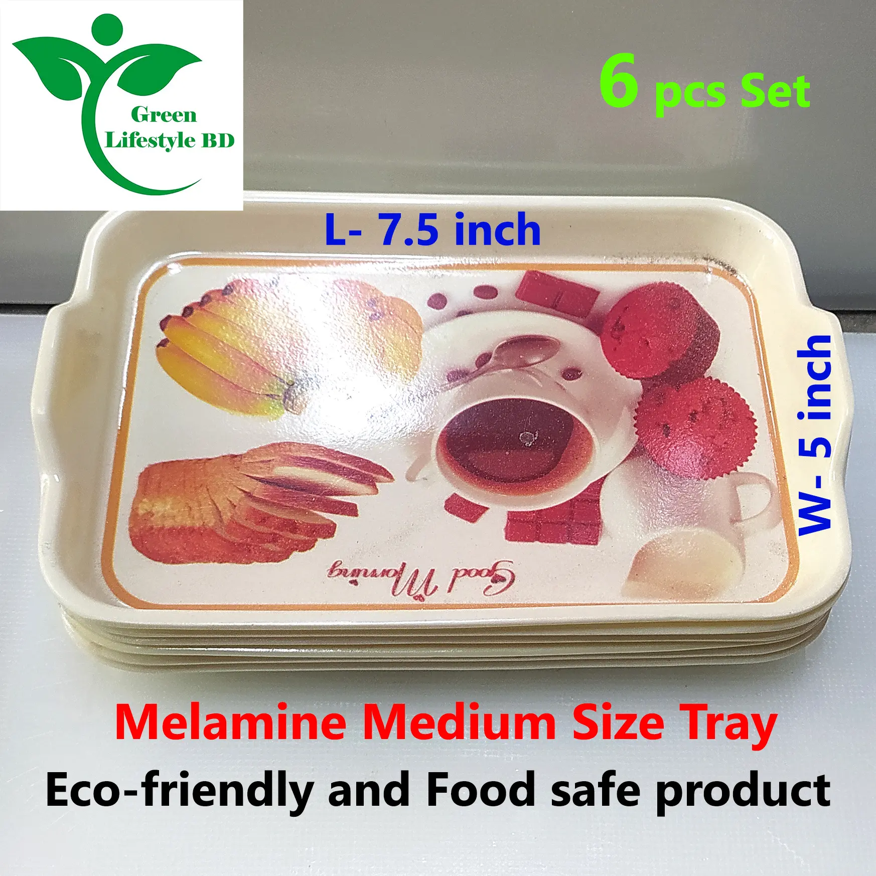 Picture of Melamine Tray 6 pcs set medium size length 7.5 wide 5 inches for kitchen and dining multi-design print. - Multicolor