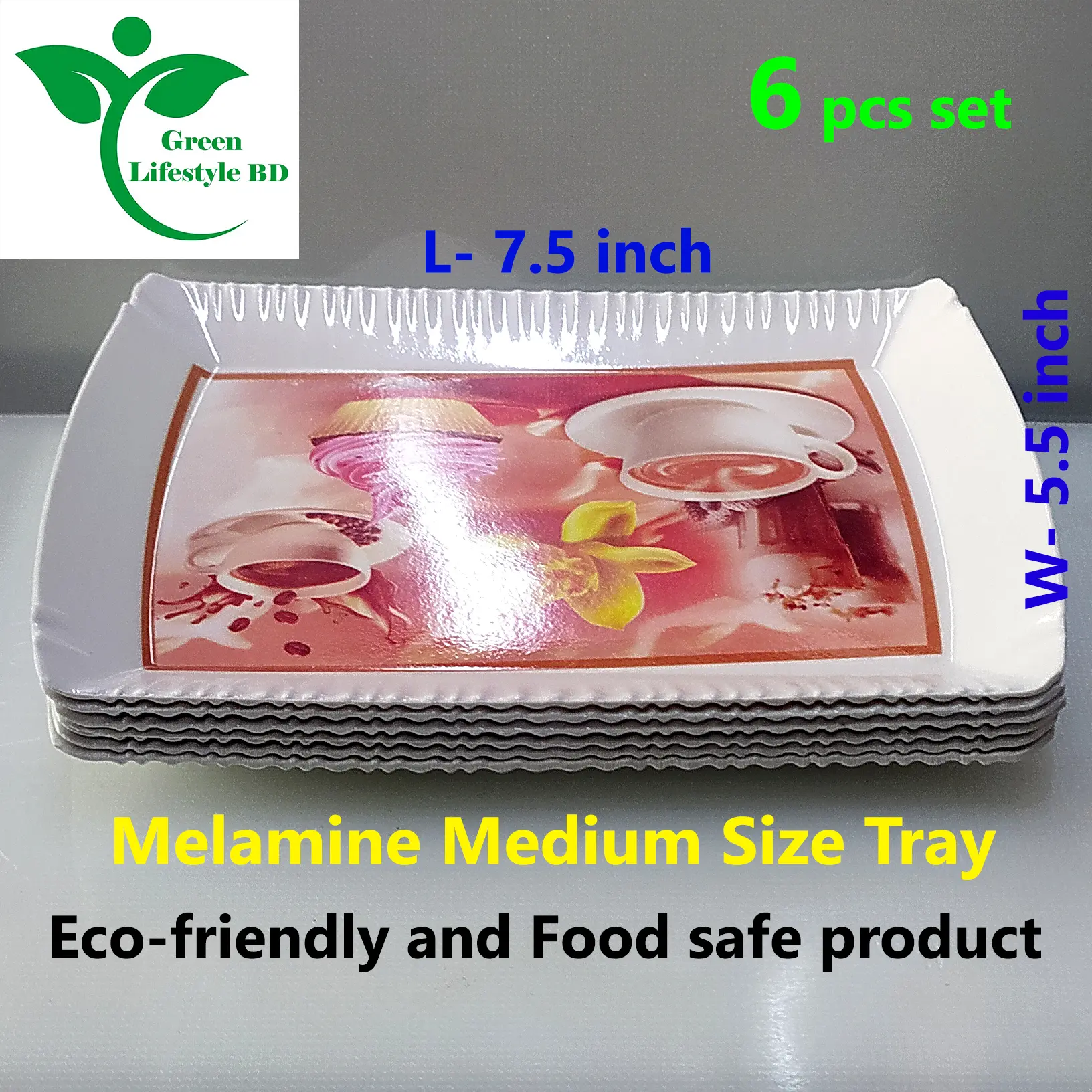 Picture of High-quality Melamine Tray 6 pcs set Medium size length 7.5 wide 5.5 inches for kitchen and dining multi-design print. - Multicolor