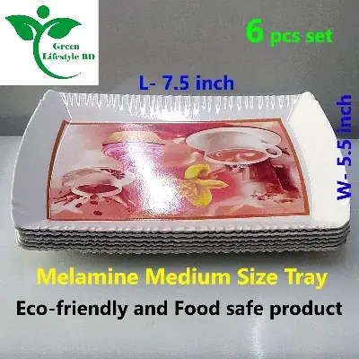 Picture of High-quality Melamine Tray 6 pcs set Medium size length 7.5 wide 5.5 inches for kitchen and dining multi-design print. - Multicolor