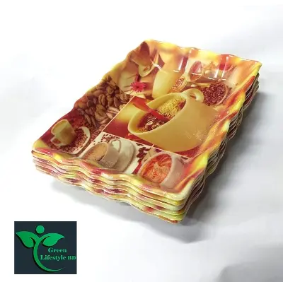 Picture of 6 Pcs Set Melamine Tray medium size length 7 wide 5 inches for kitchen and dining multi-design print.