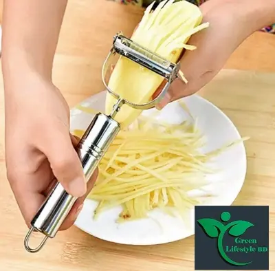 Picture of Stainless Steel Multi-function Vegetable Peeler and Julienne Cutter 1 piece - a 2-in-1 tool for peeling and grating potatoes, carrots, and other vegetables. - Silver