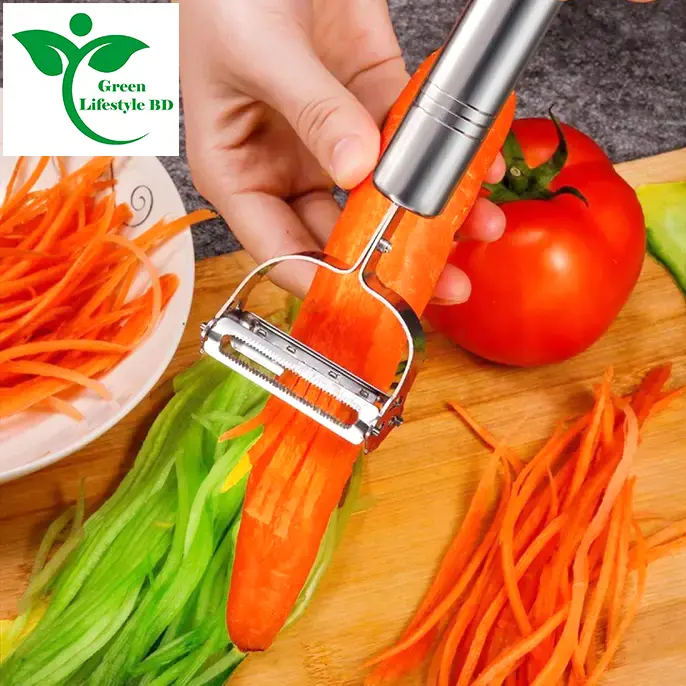 Picture of Stainless Steel Multi-function Vegetable Peeler and Julienne Cutter 1 piece - a 2-in-1 tool for peeling and grating potatoes, carrots, and other vegetables. - Silver