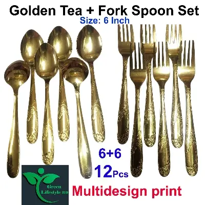 Picture of 12-piece set Stainless steel Golden Color Spoon Size 6 Inch (6 pieces tea and 6 pieces cutlery) For Home and Office. - Gold