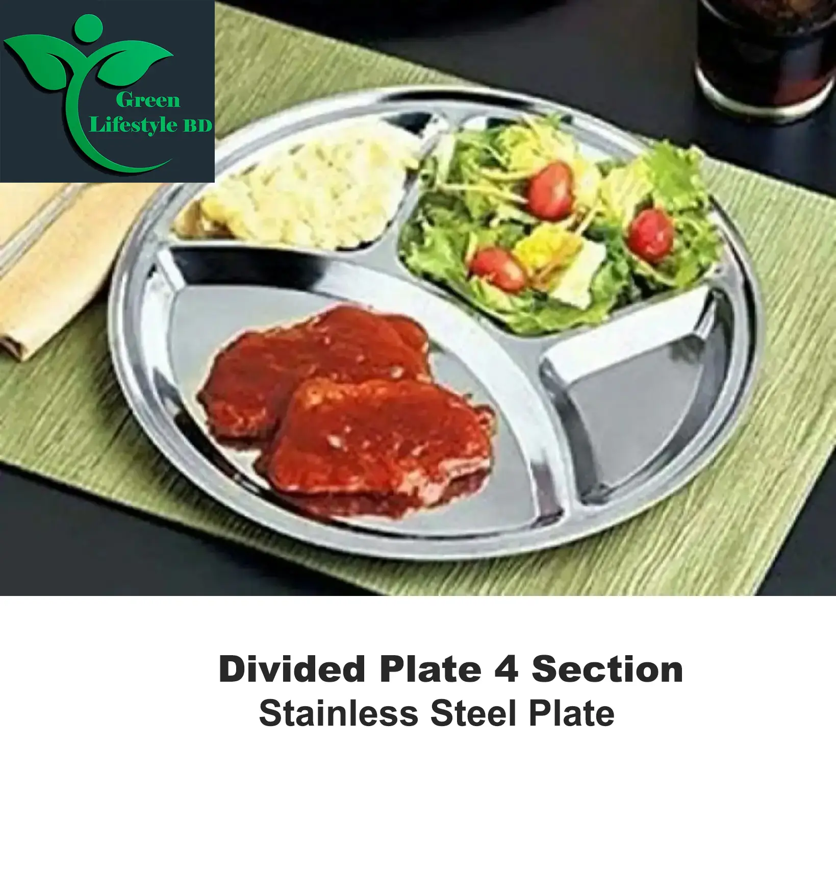 Picture of Stainless Steel 1 Pcs Round Dining Plate Size12 Inch With 4 Compartments - For Lunch And Dinner - Silver
