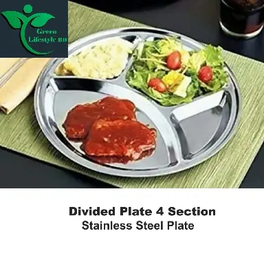 Picture of Stainless Steel 1 Pcs Round Dining Plate Size12 Inch With 4 Compartments - For Lunch And Dinner - Silver